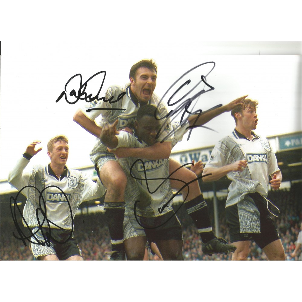 Duncan Ferguson David Unsworth Daniel Amokachi & Tony Grant Everton Multi Signed 12 x 8 Inch Football Photo. Duncan Ferguson David Unsworth Daniel Amokachi & Tony Grant Everton Multi Signed 12 x 8 Inch Football Photo.