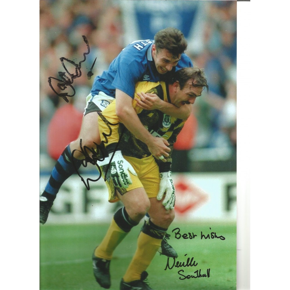 Neville Southall and David Unsworth Everton Signed 10 x 8 inch football photo.