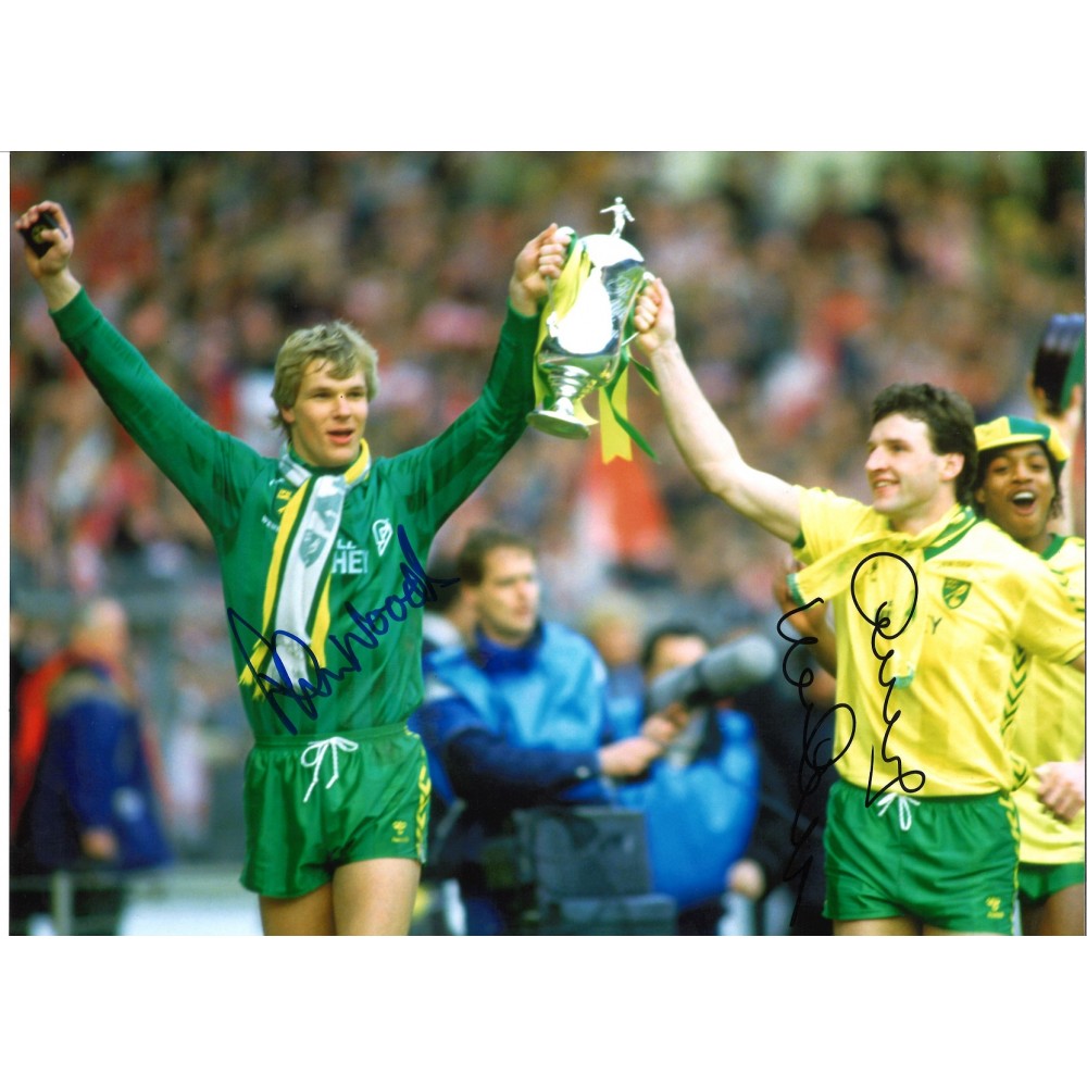 Dave Watson and Chris Woods Norwich City Signed 16 x 12 inch football photo.