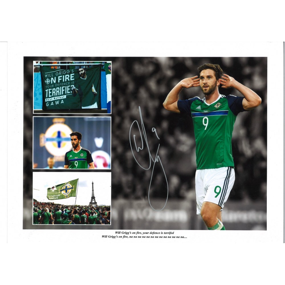 Will Grigg Collage Northern Ireland Signed 16 x 12 inch football photo.