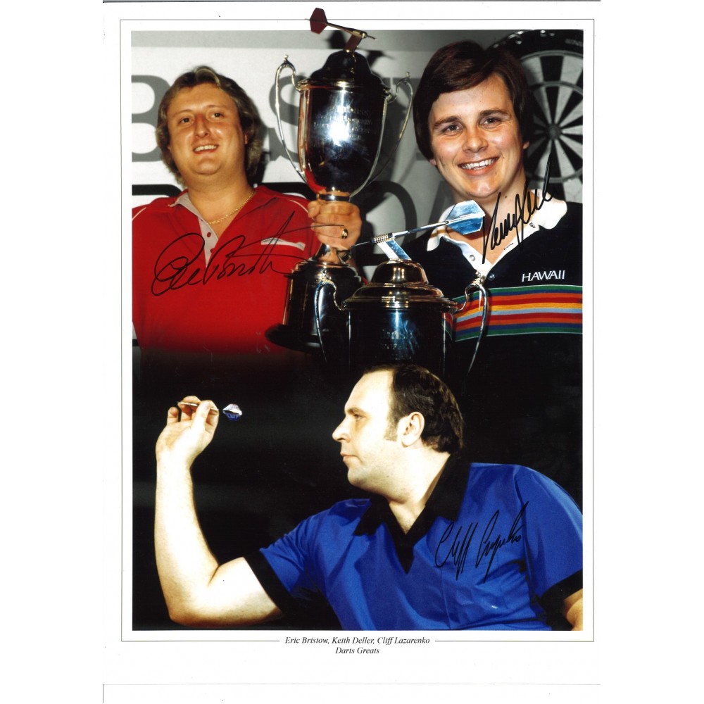 Eric Bristow, Keith Deller and Cliff Lazarenko Darts Signed 16 x 12 inch darts photo.
