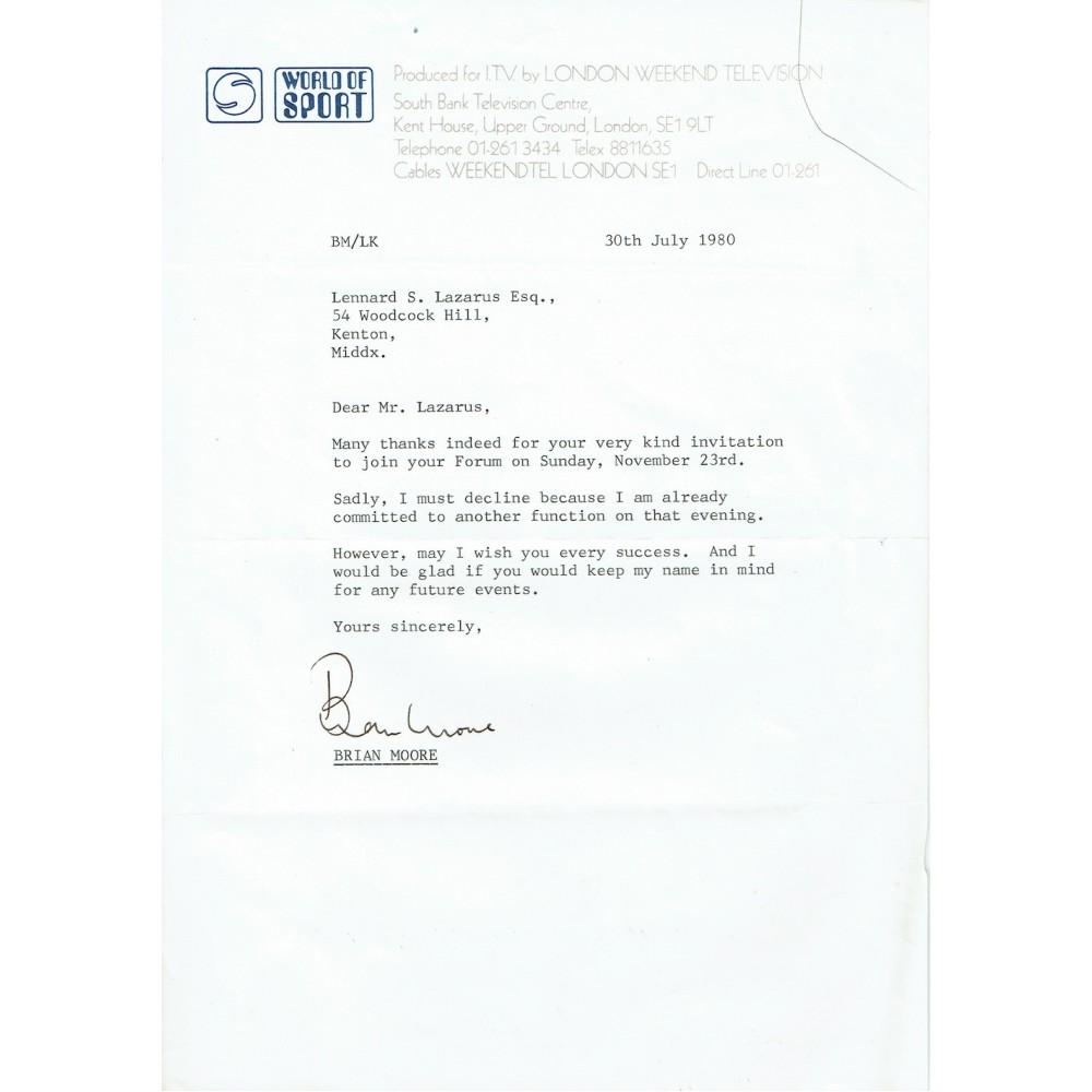 Brian Moore TLS Dated 30th July 1980 on World of Sport Headed Paper Brian Moore TLS Dated 30th July 1980 on World of Sport Headed Paper