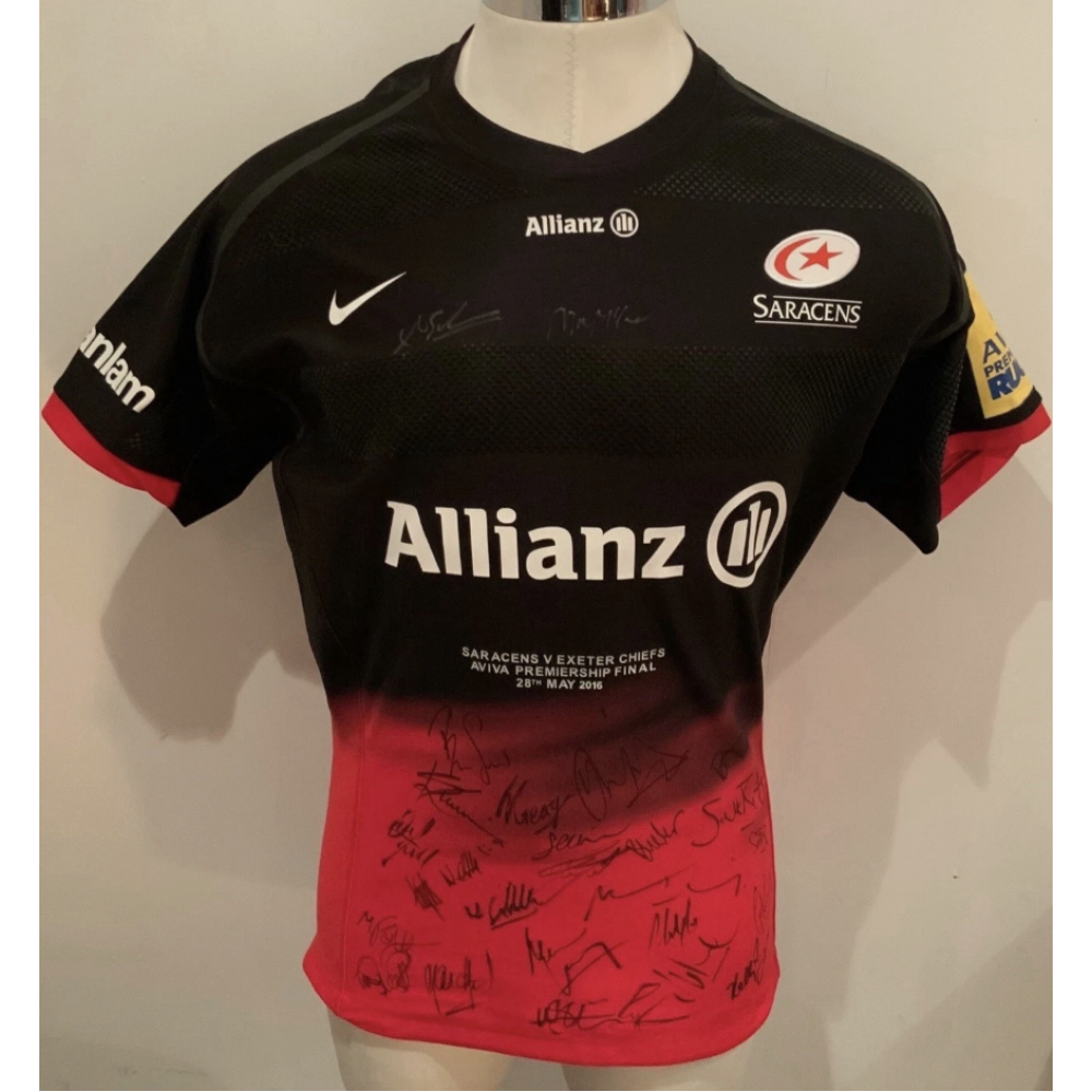Saracens Team Signed by 27 Players Match Prepared 2016 V Exeter Chiefs Final Rugby Shirt Saracens Team Signed by 27 Players Match Prepared 2016 V Exeter Chiefs Final Rugby Shirt