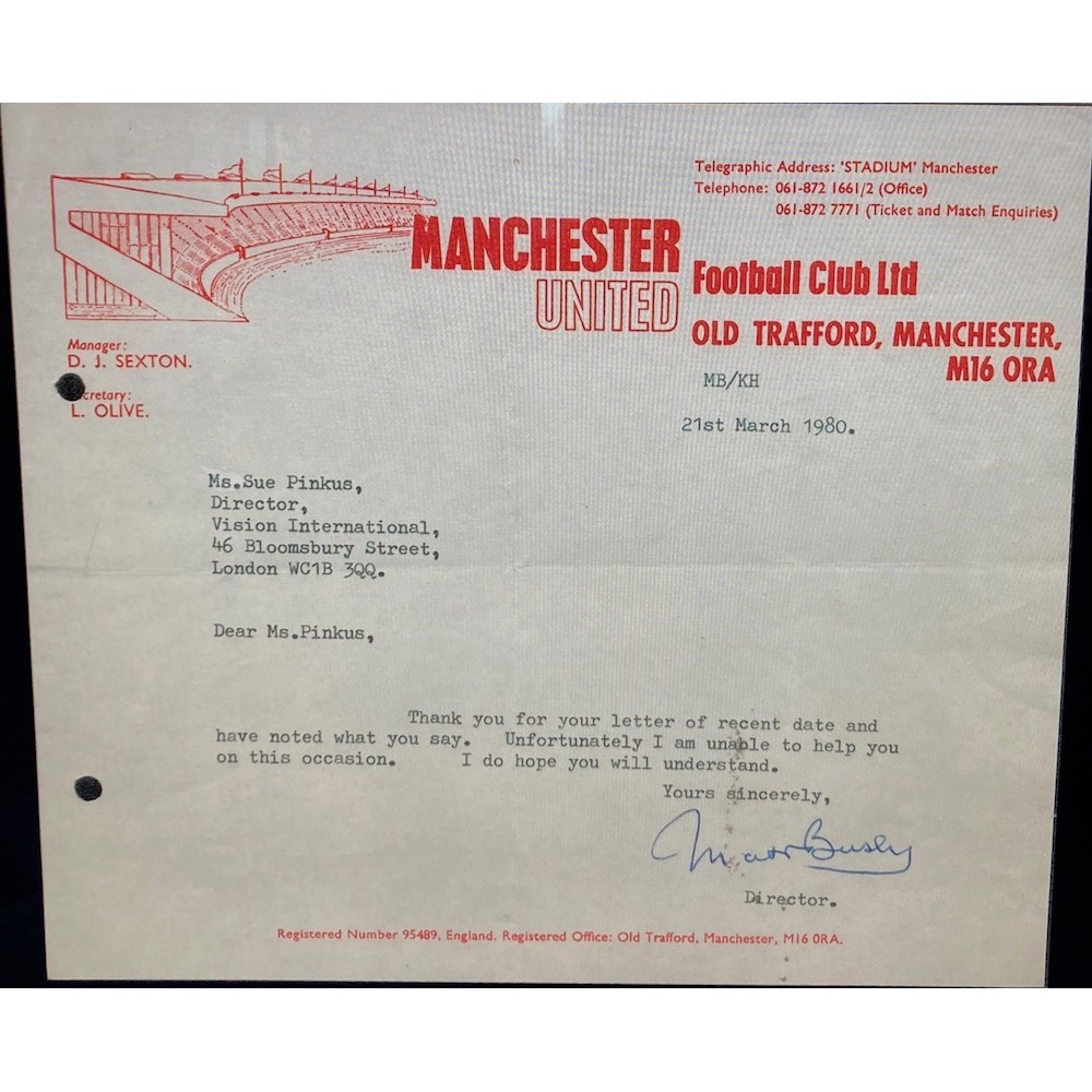 Matt Busby TLS Dated 21/3/80 On Headed Paper of Manchester United Football Club Matt Busby TLS Dated 21/3/80 On Headed Paper of Manchester United Football Club