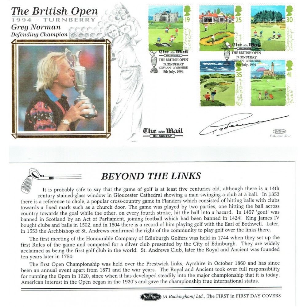 GREG NORMAN Signed First Day Cover GOLF - BRITISH OPEN 1994 TURNBERRY Benham FDC GREG NORMAN Signed First Day Cover GOLF - BRITISH OPEN 1994 TURNBERRY Benham FDC