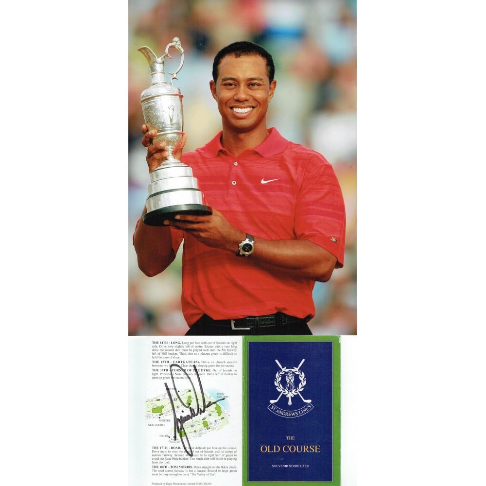 Tiger Woods Signed St Andrews Old Course Score Card With Various Photos