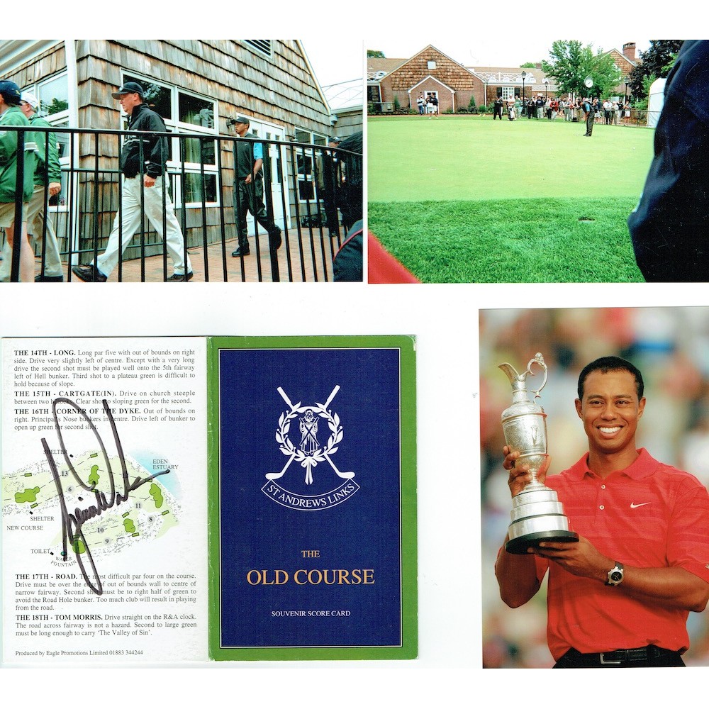 Tiger Woods Signed St Andrews Old Course Score Card With Various Photos