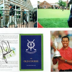 Tiger Woods Signed St Andrews Old Course Score Card With Various Photos