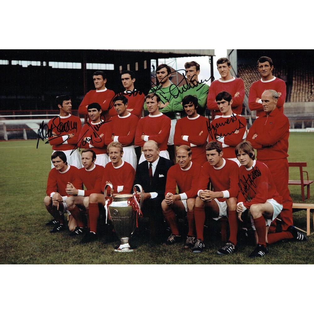 Manchester Utd 1968 Legends Multi Signed Football Photograph Signed by Stepney, Burns, Saddler, Aston, Rimmer, Dunne & Fitzpatrick Manchester Utd 1968 Legends Multi Signed Football Photograph Signed by Stepney, Burns, Saddler, Aston, Rimmer, Dunne & Fitzpatrick