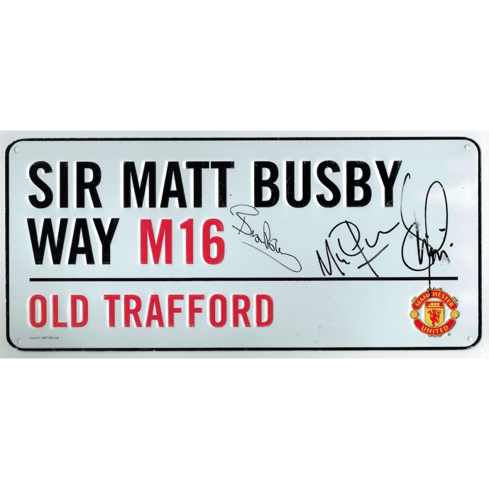 Bryan Robson Mick Phelan & Dennis Irwin Multi Signed Autographed Manchester United SIR MATT BUSBY WAY Old Trafford Street Sign Bryan Robson Mick Phelan & Dennis Irwin Multi Signed Autographed Manchester United SIR MATT BUSBY WAY Old Trafford Street Sign