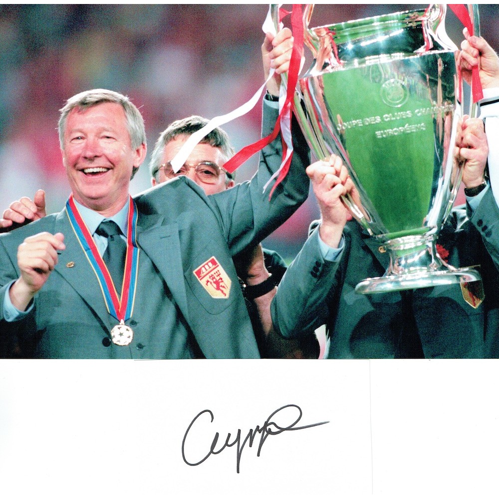 Sir Alex Ferguson Signed White Index Card Together With 8x12 Inch Manchester United Champions League Trophy Football Photograph Sir Alex Ferguson Signed White Index Card Together With 8x12 Inch Manchester United Champions League Trophy Football Photograph