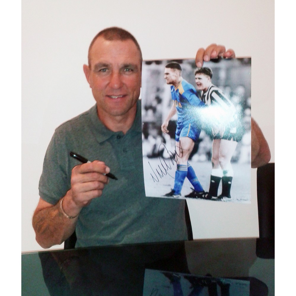 Vinnie Jones and Paul Gascoigne Dual Signed 16x12 Ball Squeeze Football Photograph Vinnie Jones and Paul Gascoigne Dual Signed 16x12 Ball Squeeze Football Photograph
