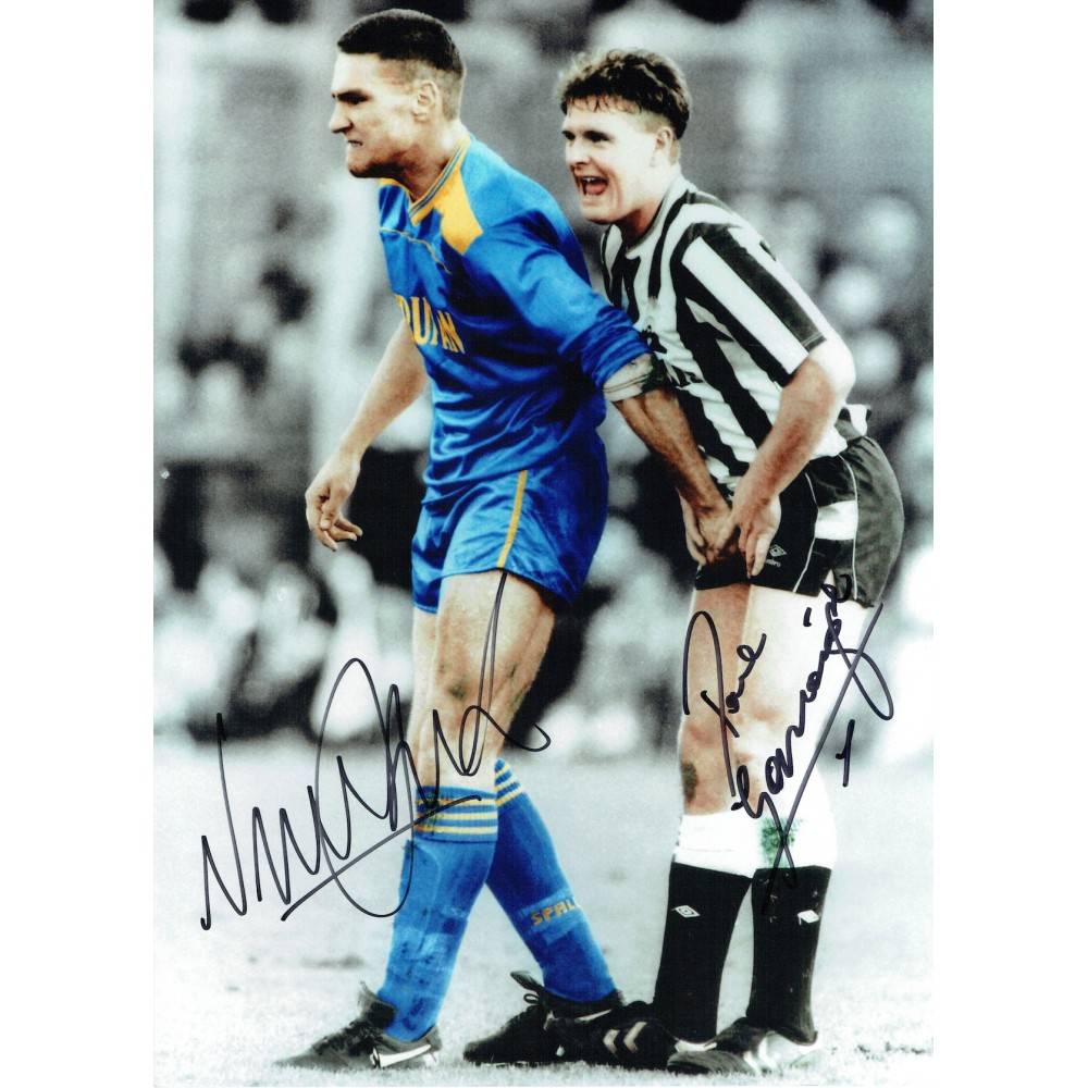 Vinnie Jones and Paul Gascoigne Dual Signed 16x12 Ball Squeeze Football Photograph Vinnie Jones and Paul Gascoigne Dual Signed 16x12 Ball Squeeze Football Photograph