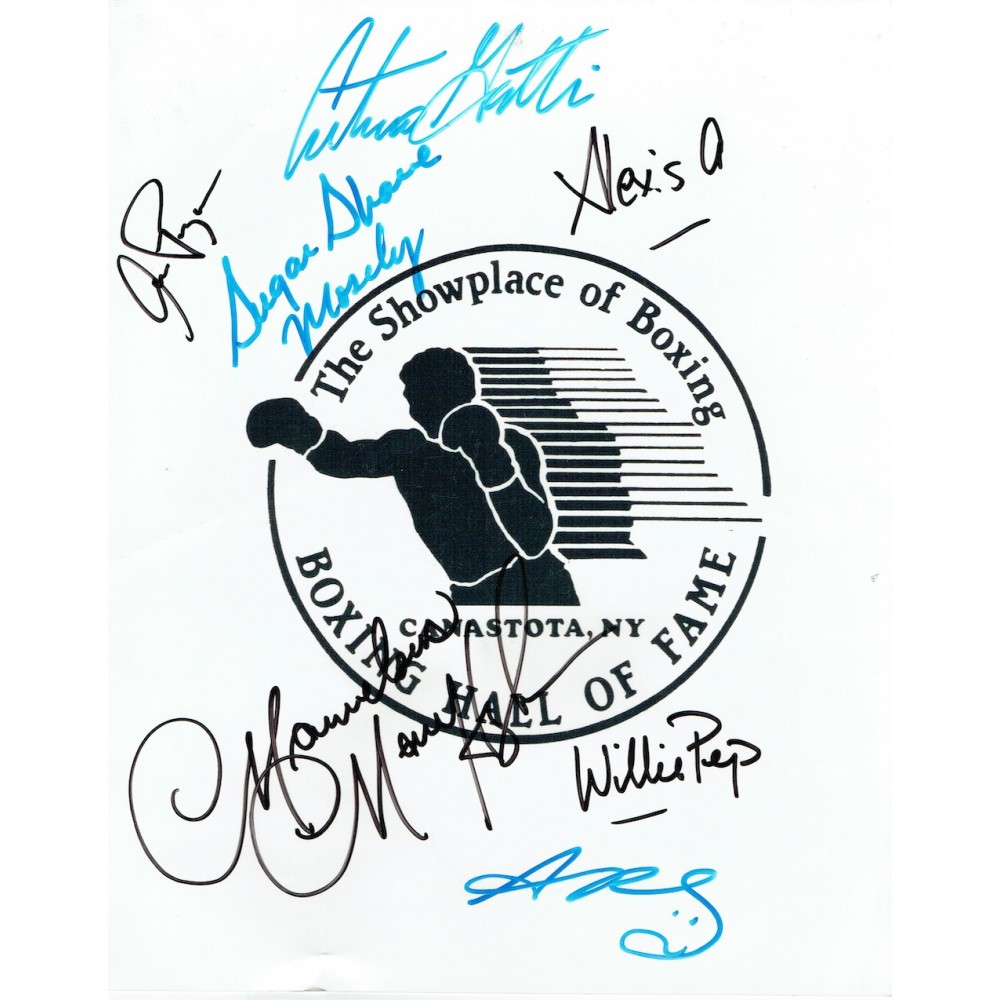 Boxing Hall of Fame Showcard Multi Signed in black and blue marker pen by Marvin Hagler, Willie Pep, Sugar Ray Leonard, Shane Moseley, Alexis Arguello, Arturo Gatti and Aaron Pryor, 25 by 20cm Boxing Hall of Fame Showcard Multi Signed in black and blue marker pen by Marvin Hagler, Willie Pep, Sugar Ray Leonard, Shane Moseley, Alexis Arguello, Arturo Gatti and Aaron Pryor, 25 by 20cm
