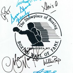 Boxing Hall of Fame Showcard Multi Signed in black and blue marker pen by Marvin Hagler, Willie Pep, Sugar Ray Leonard, Shane Moseley, Alexis Arguello, Arturo Gatti and Aaron Pryor, 25 by 20cm Boxing Hall of Fame Showcard Multi Signed in black and blue marker pen by Marvin Hagler, Willie Pep, Sugar Ray Leonard, Shane Moseley, Alexis Arguello, Arturo Gatti and Aaron Pryor, 25 by 20cm