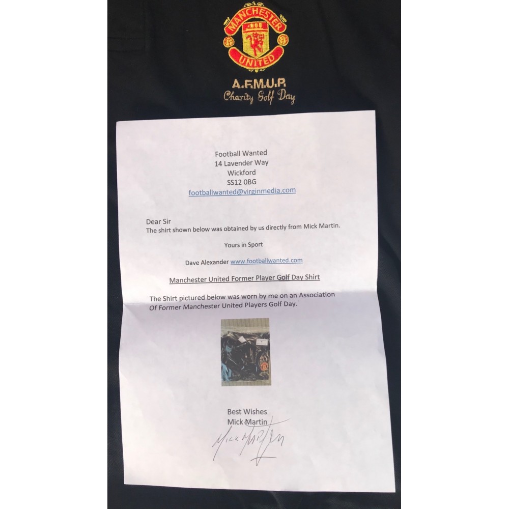 Mick Martin Worn Manchester United Football Player Charity Golf Day Shirt With COA Signed by Mick Martin Mick Martin Worn Manchester United Football Player Charity Golf Day Shirt With COA Signed by Mick Martin