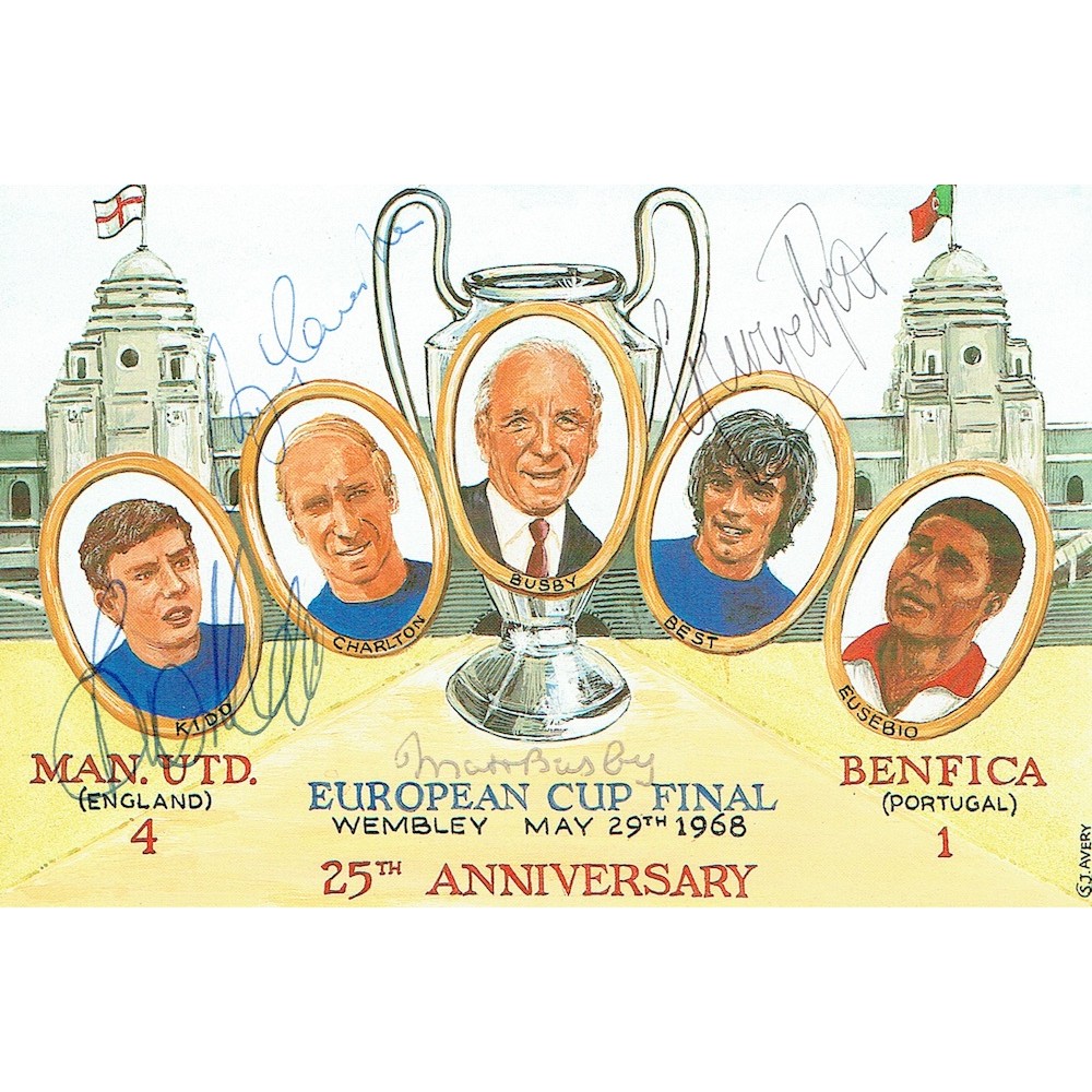 Manchester United Signed 1968 Postcard Signed By Busby, Best, Law & Kidd RARE Manchester United Signed 1968 Postcard Signed By Busby, Best, Law & Kidd RARE