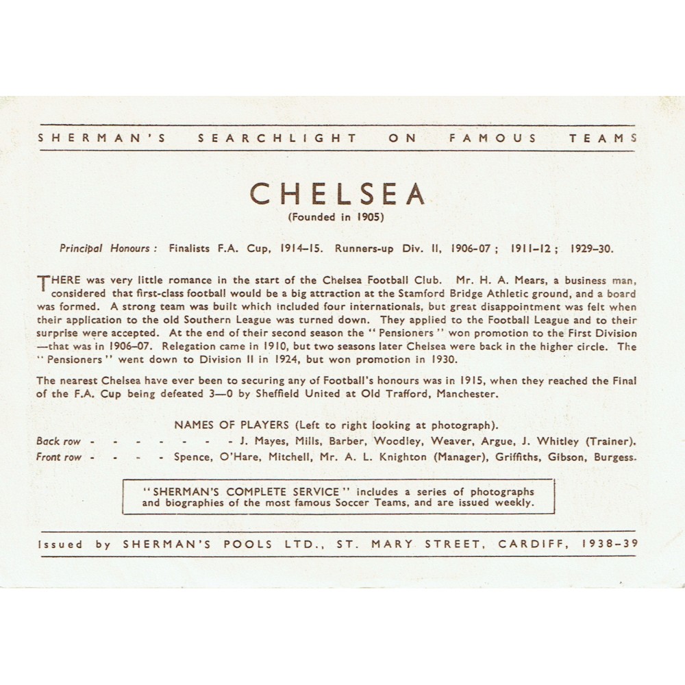 Chelsea 1938/39 Multi Signed By 11 Sherman's Pools Searchlight on Famous Teams Football Card Chelsea 1938/39 Multi Signed By 11 Sherman's Pools Searchlight on Famous Teams Football Card