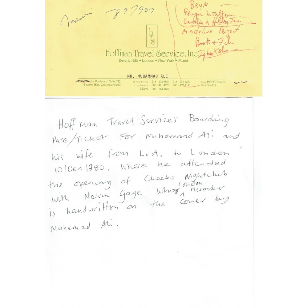 BOXING Muhammad Ali & His Wife Two Airline Tickets With Marvin Gaye Written Name & London Telephone Number 1980 RARE BOXING Muhammad Ali & His Wife Two Airline Tickets With Marvin Gaye Written Name & London Telephone Number 1980 RARE