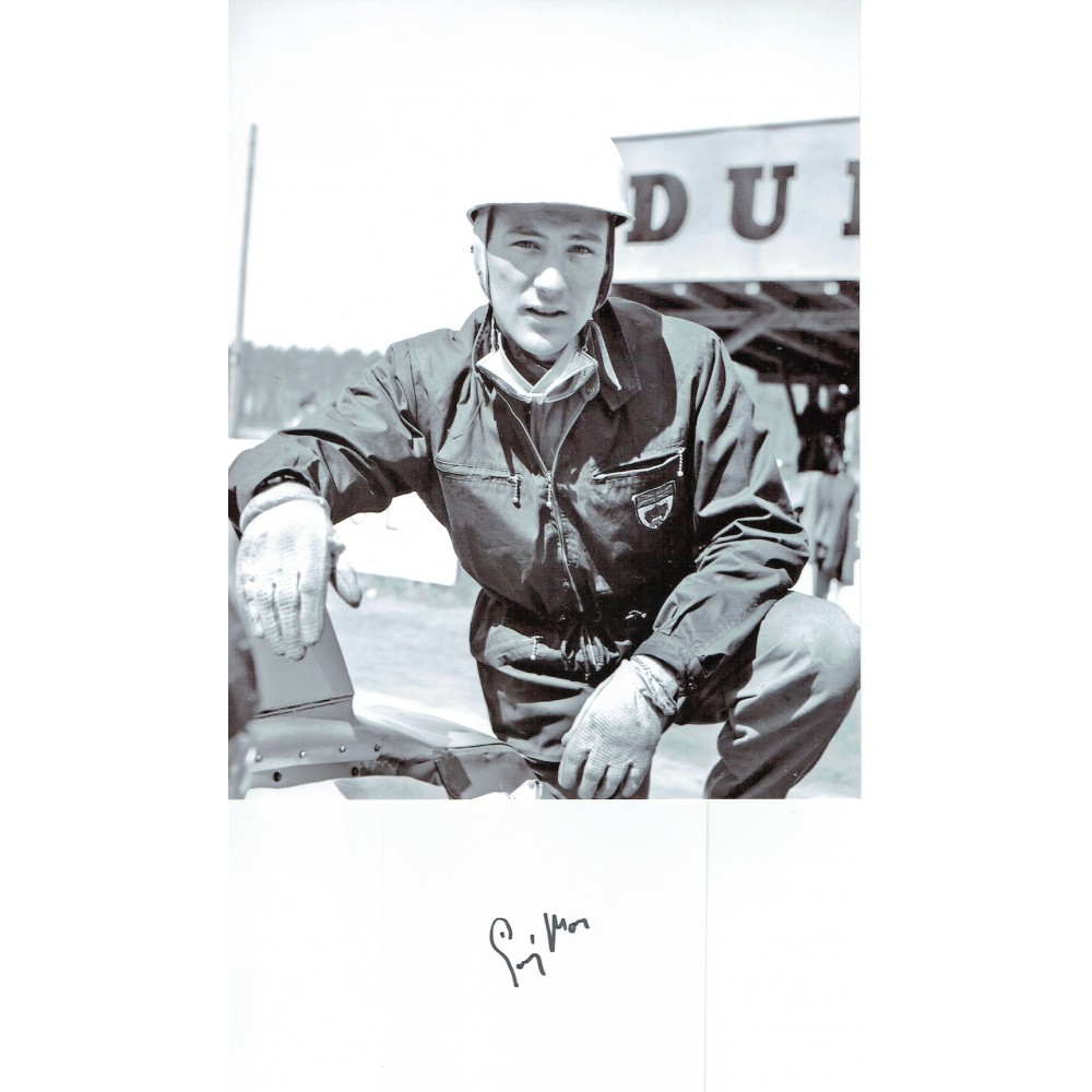 Sterling Moss Autograph Signed White Card Together With an 8x10 Motor Racing Photograph Sterling Moss Autograph Signed White Card Together With an 8x10 Motor Racing Photograph