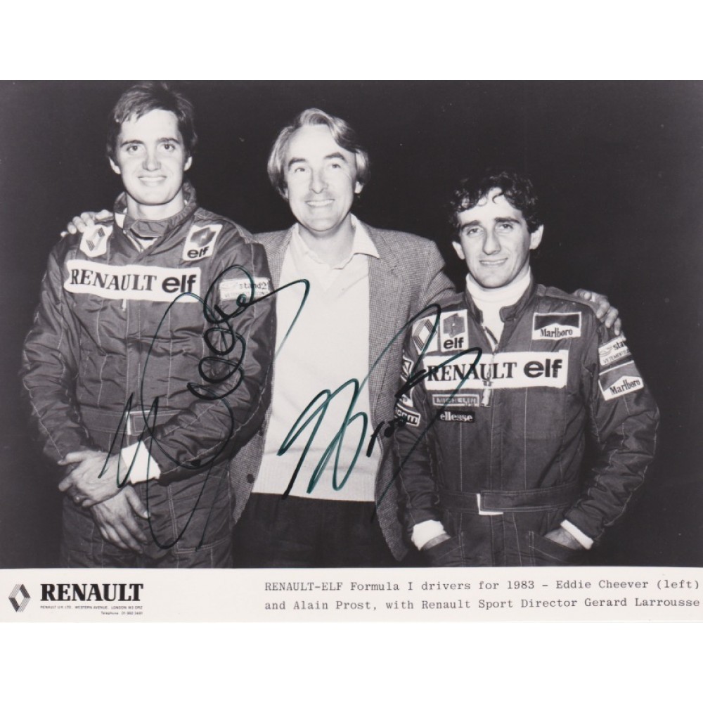 Alain Prost & Eddie Cheever Dual Signed Renault-Elf 1983 F1 Team Photograph Alain Prost & Eddie Cheever Dual Signed Renault-Elf 1983 F1 Team Photograph