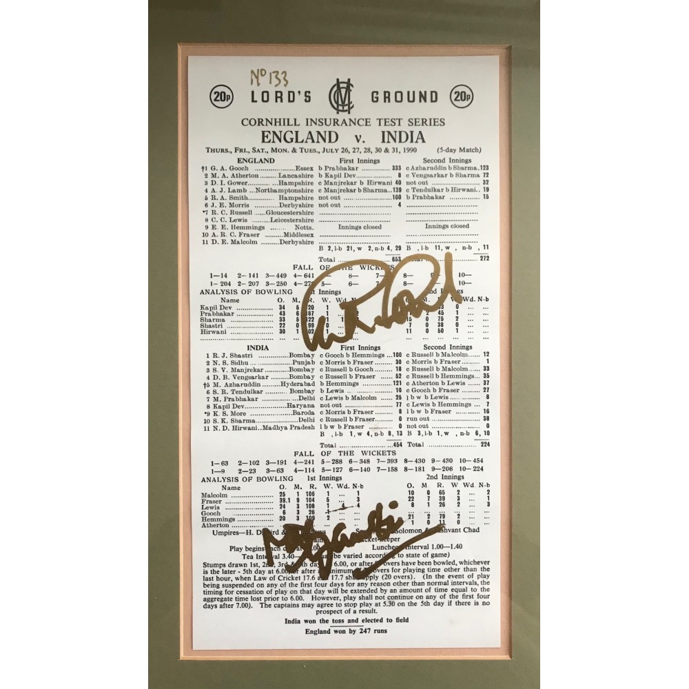 Graham Gooch & Mohammad Azharuddin Signed England v India 1990 Cornhill Test Match Cricket Score Card Graham Gooch & Mohammad Azharuddin Signed England v India 1990 Cornhill Test Match Cricket Score Card