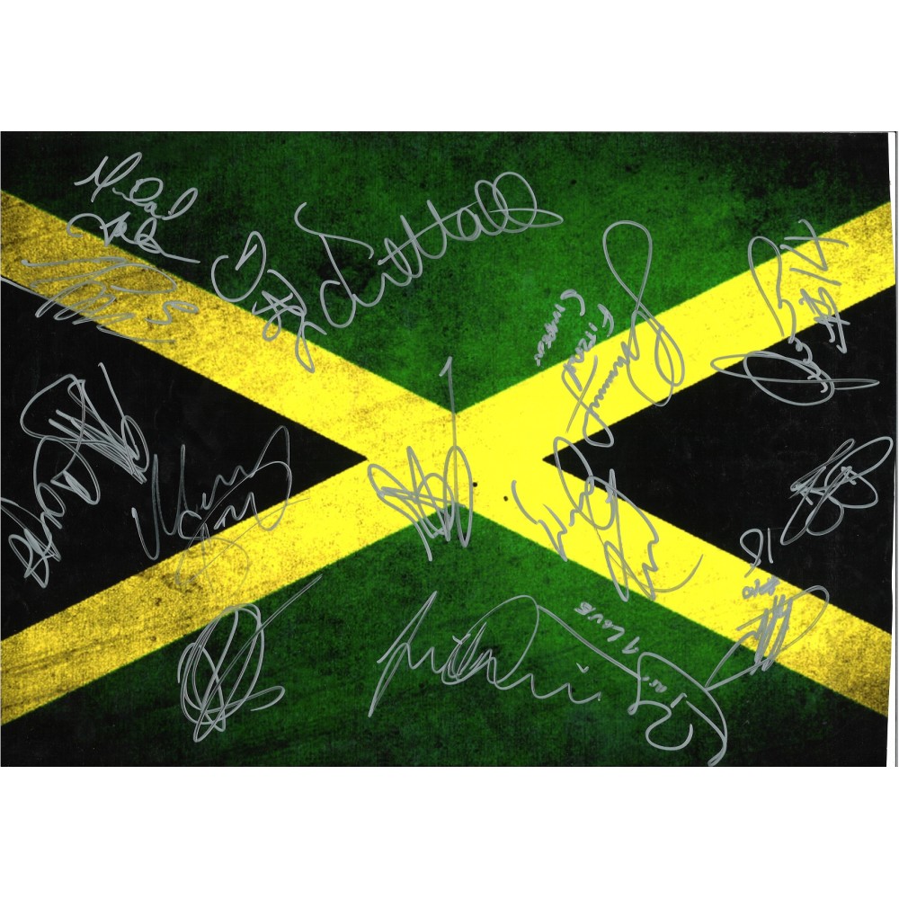 Jamacia 16 x 12 colour football photo signed by numerous players. Jamacia 16 x 12 colour football photo signed by numerous players.
