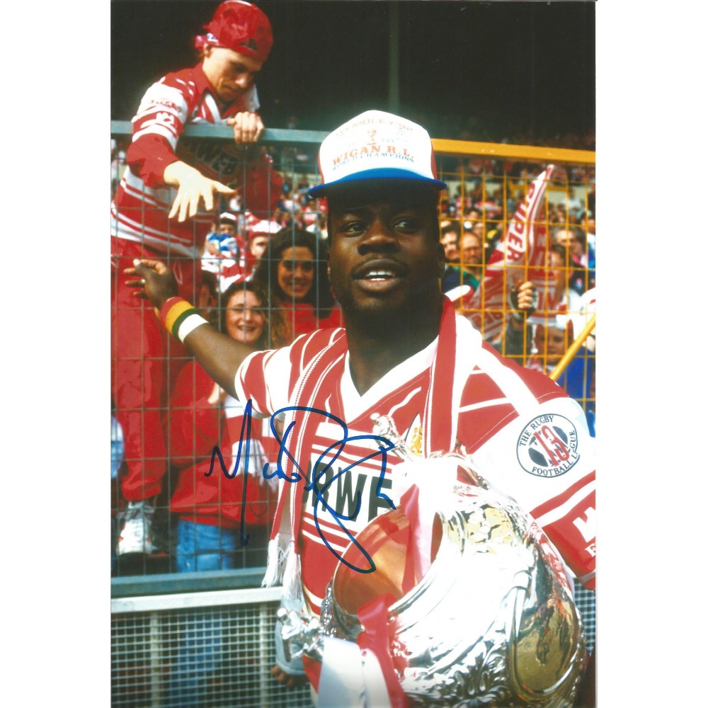 Martin Offiah Signed 10 x 8 inch rugby photo.