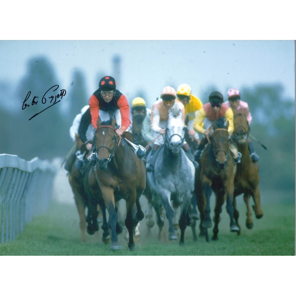 Lester Piggott Signed 16 x 12 inch horse racing photo. Lester Piggott Signed 16 x 12 inch horse racing photo.