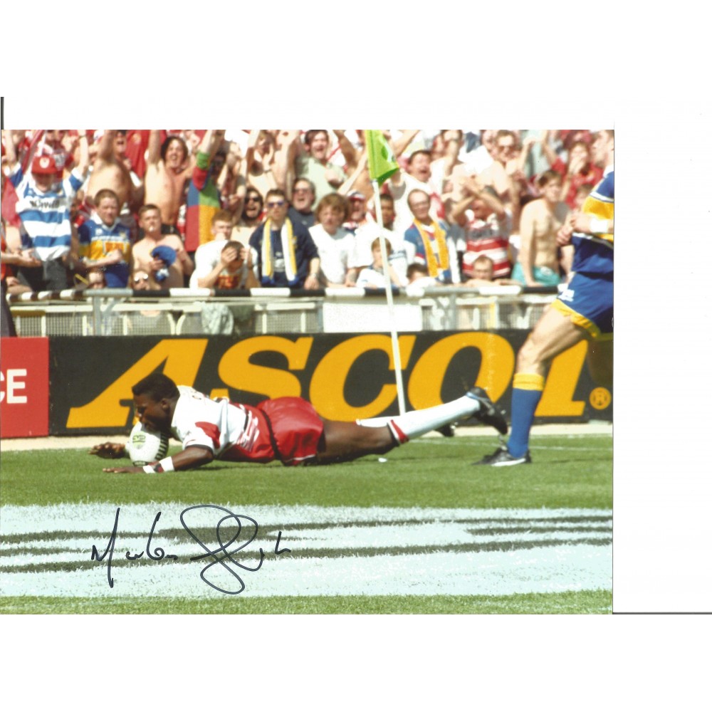 Rugby League Martin Offiah 10x8 Signed Colour Photo Pictured Moments After Scoring For Wigan Against Leeds Rugby League Martin Offiah 10x8 Signed Colour Photo Pictured Moments After Scoring For Wigan Against Leeds